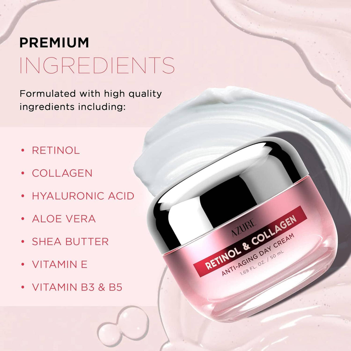 Retinol & collagen anti-aging day cream jar beside ingredient list, including retinol and collagen