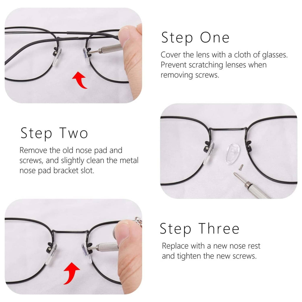 Eyeglasses nose pad replacement kit with screwdriver, cloth, and gold screw-in pads