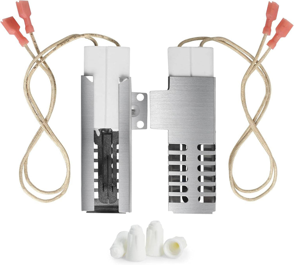 Two gas oven igniter modules with red electrical leads and braided wires