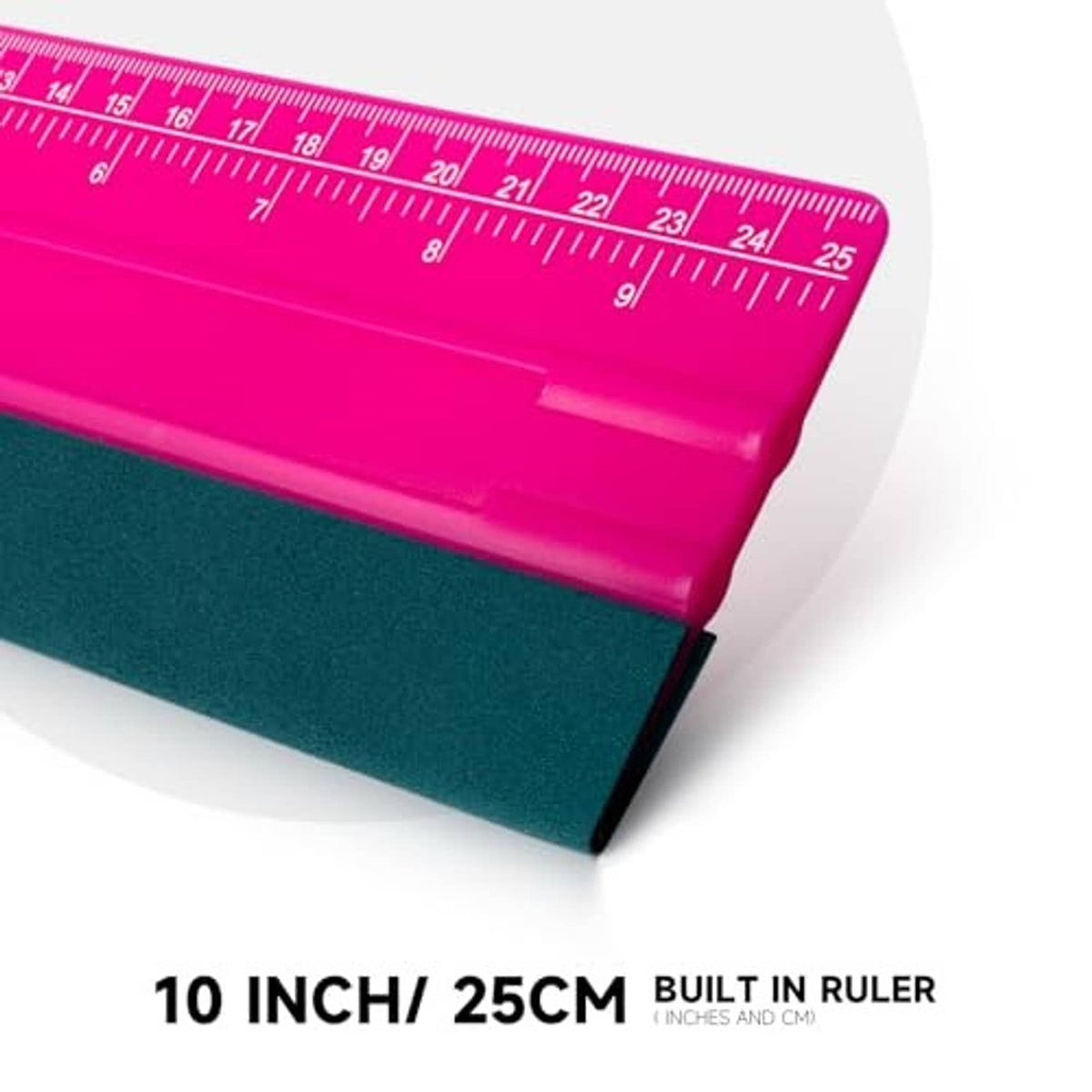 Pink 10-inch squeegee with built-in ruler and teal felt base for sticker and vinyl