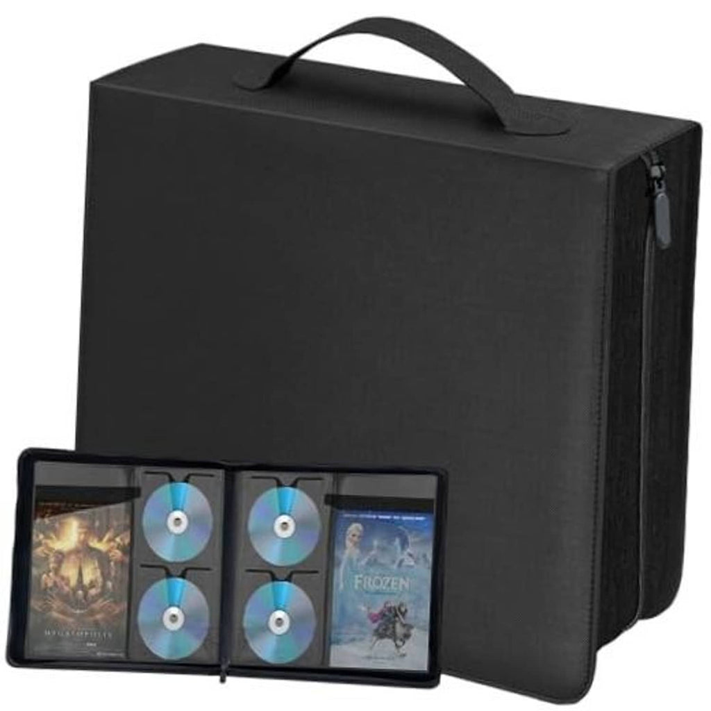 Black disc storage binder case with top handle and open tray showing 6 CDs