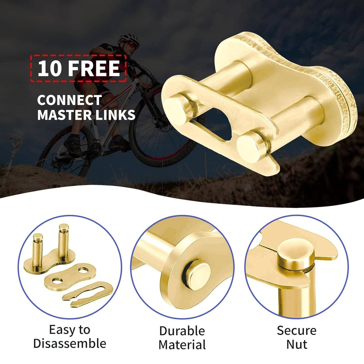 Gold motorcycle chain with connect master links, 420, 132-link set