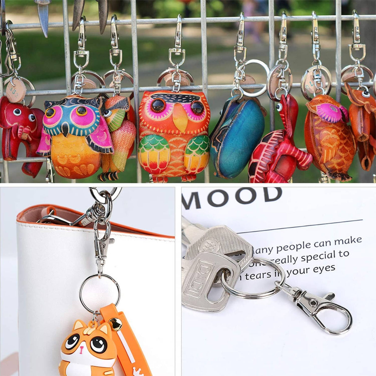 Set of metal swivel snap hooks with key rings hanging from a bar