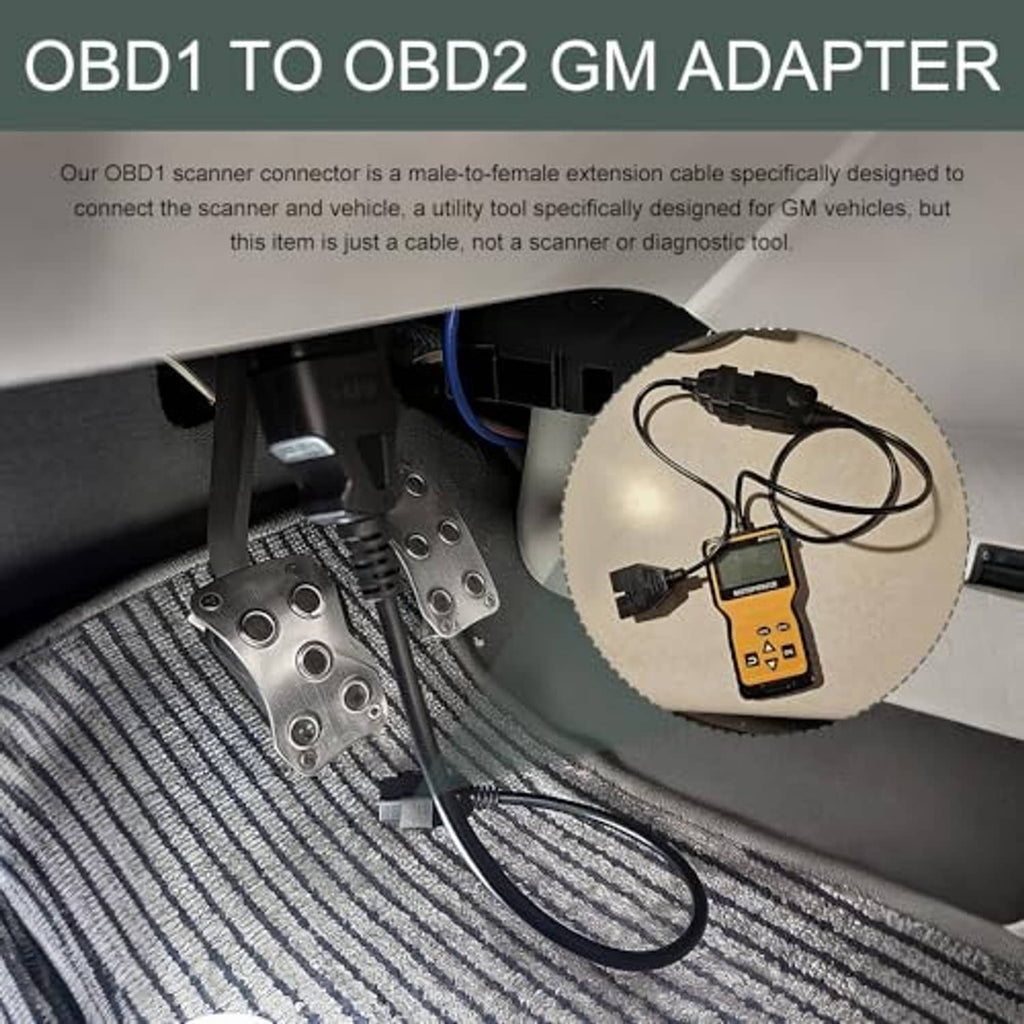 OBD1 to OBD2 GM adapter cable connected to a handheld scanner in a car