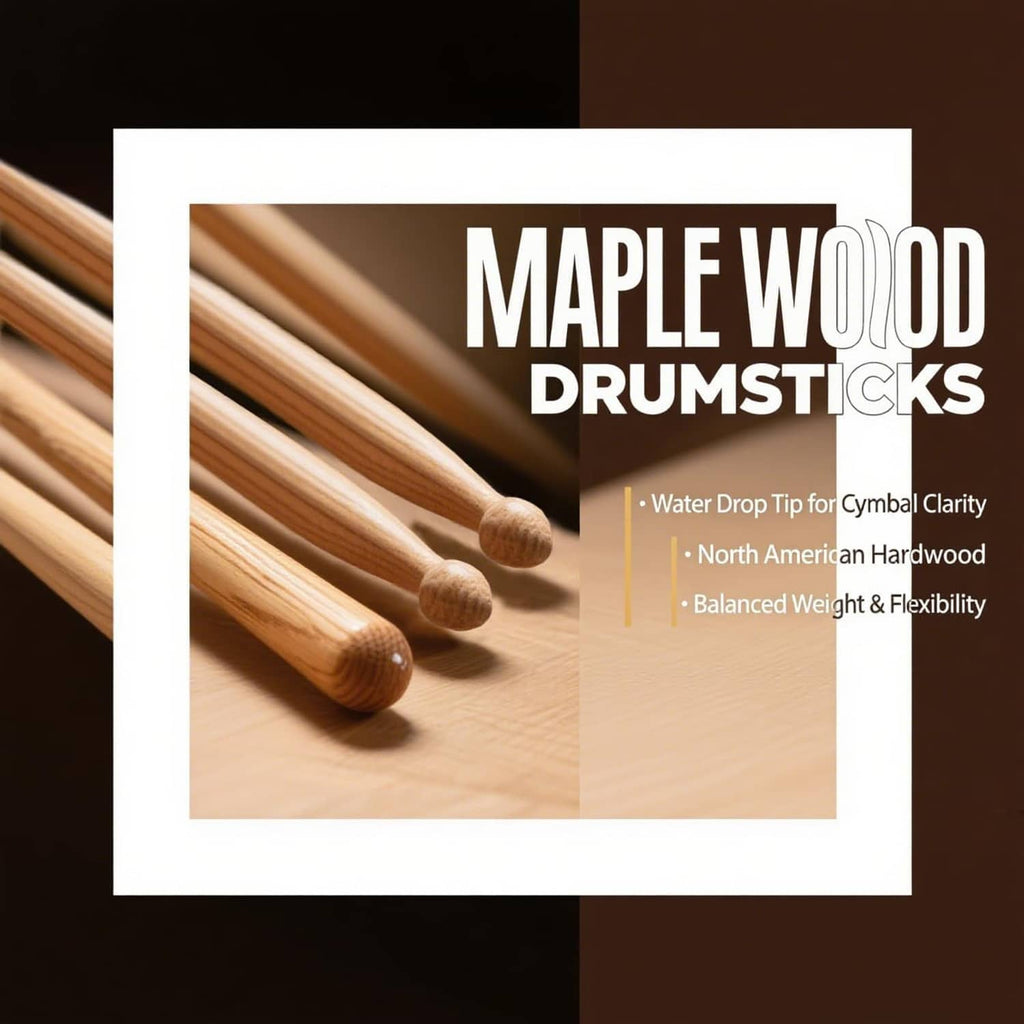 Maple wood drumsticks with rounded tips and black label bands, fanned in groups