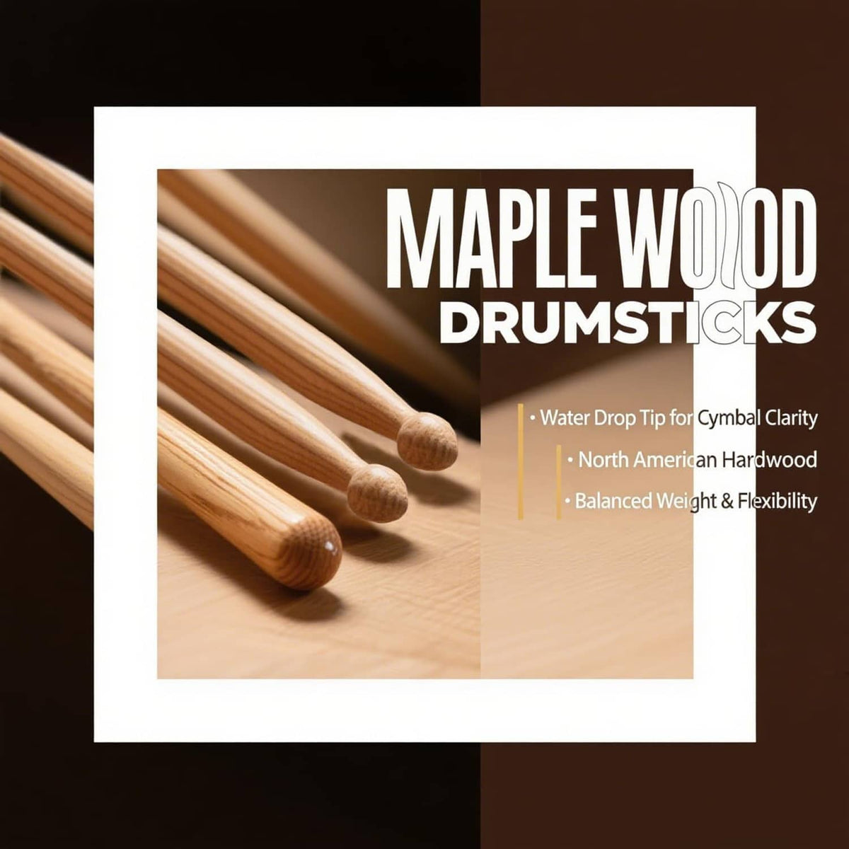Maple wood drumsticks with rounded tips and black label bands, fanned in groups