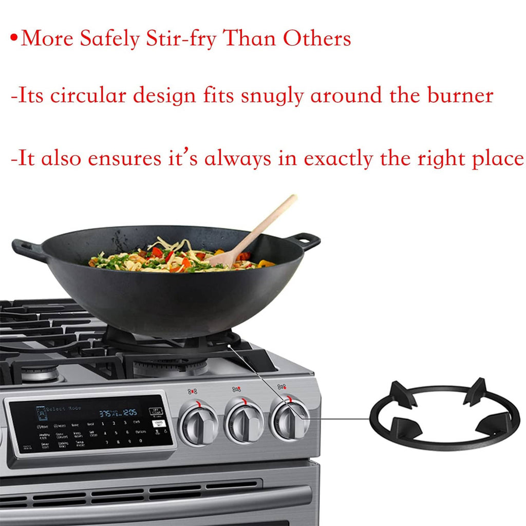 Black cast iron wok support ring that sits around the burner