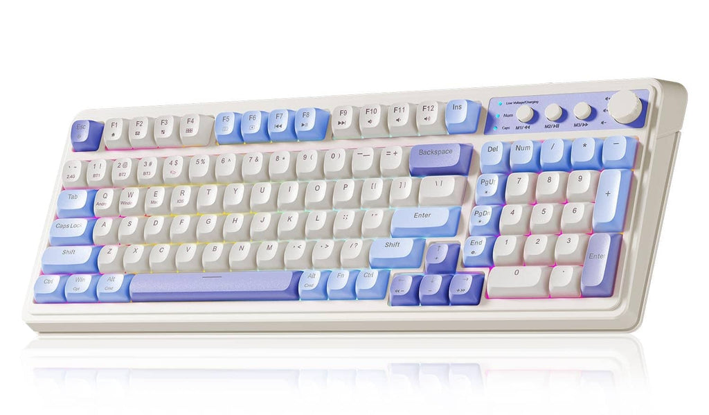 Purple-beige wireless gaming keyboard with white and blue keycaps, angled view