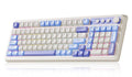 Purple-beige wireless gaming keyboard with white and blue keycaps, angled view