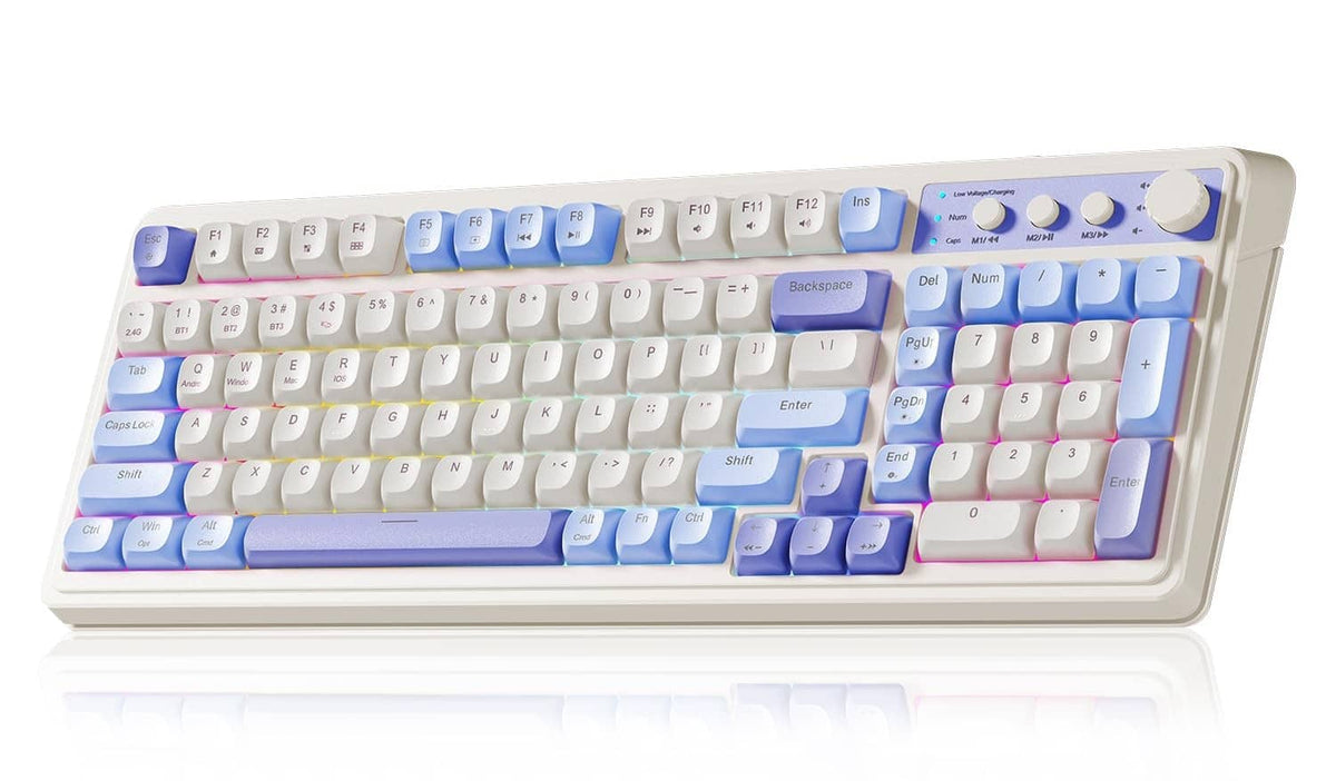 Purple-beige wireless gaming keyboard with white and blue keycaps, angled view