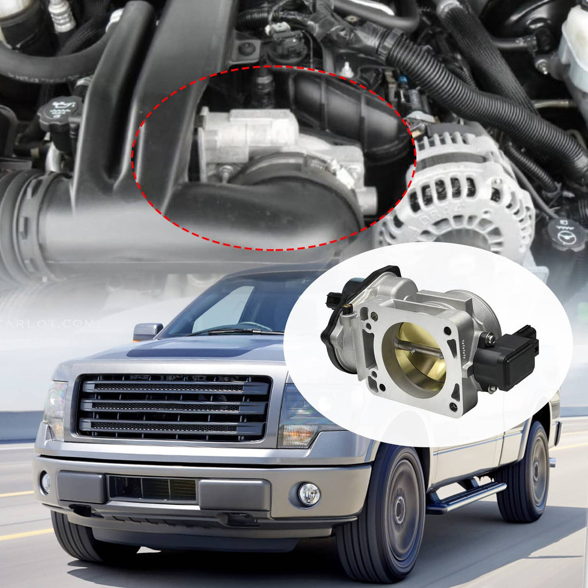 Throttle body assembly mounted in engine bay, showing gold throttle opening and wiring connector
