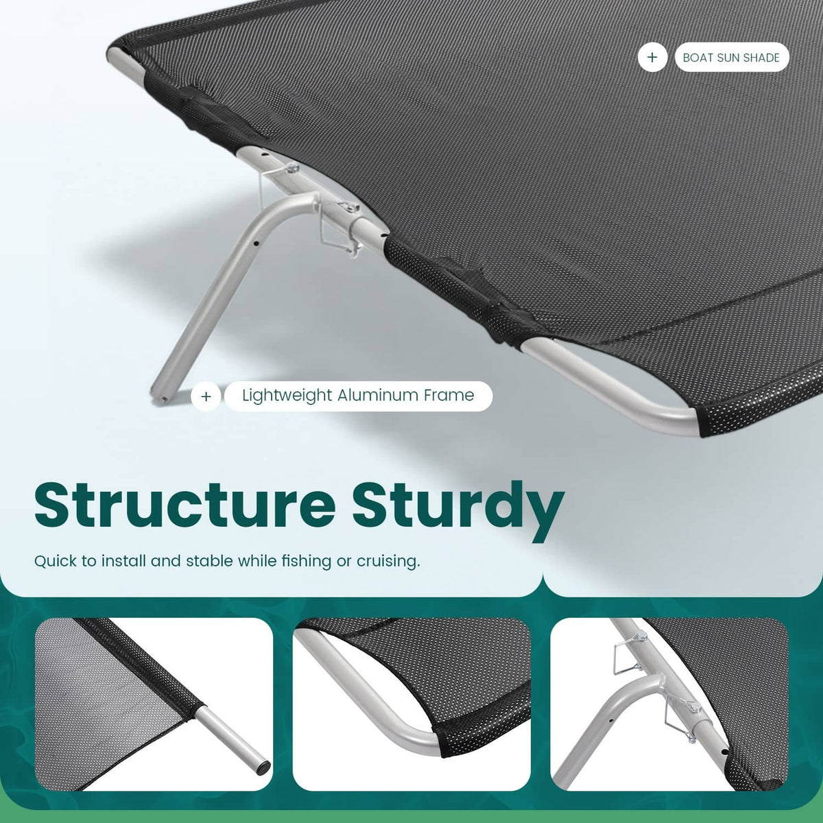 Black mesh boat shade stretched over lightweight aluminum frame