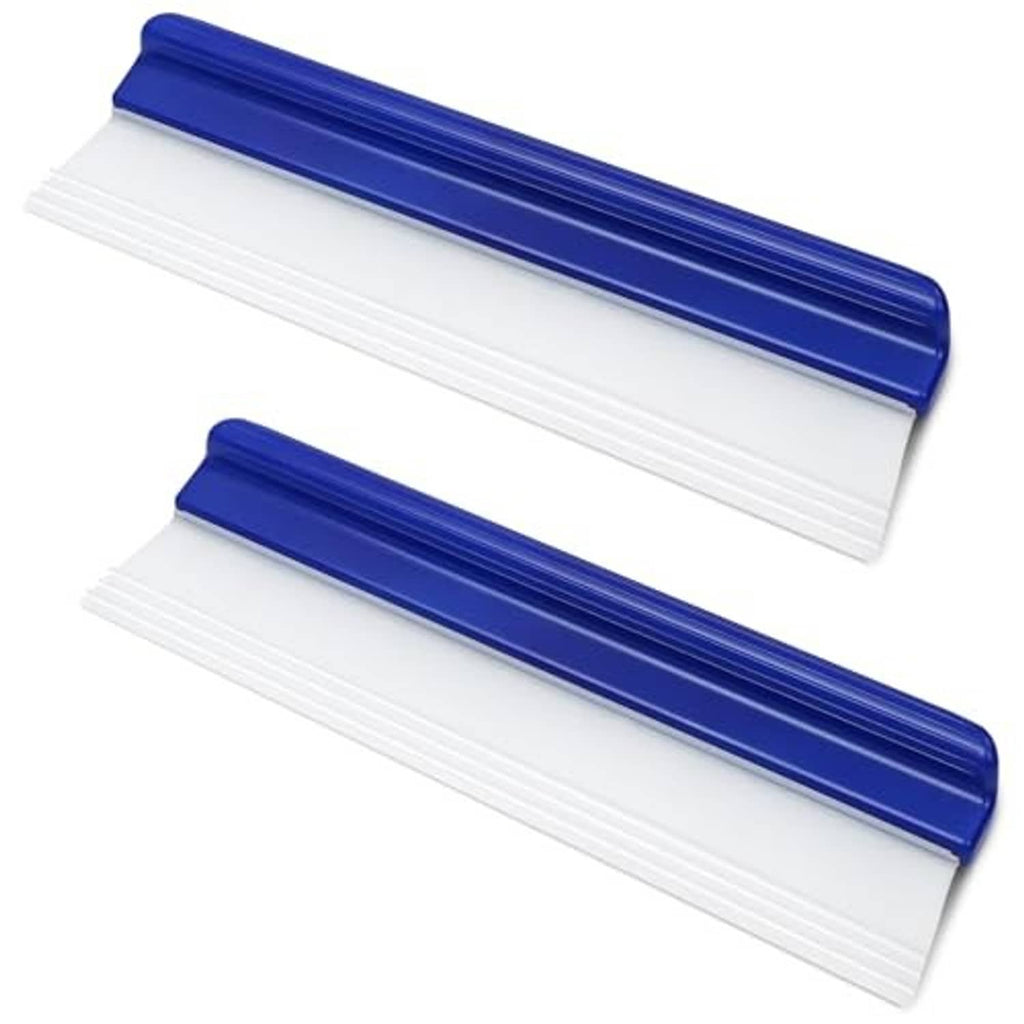 Two blue-and-white automotive window squeegees, flat water blade design