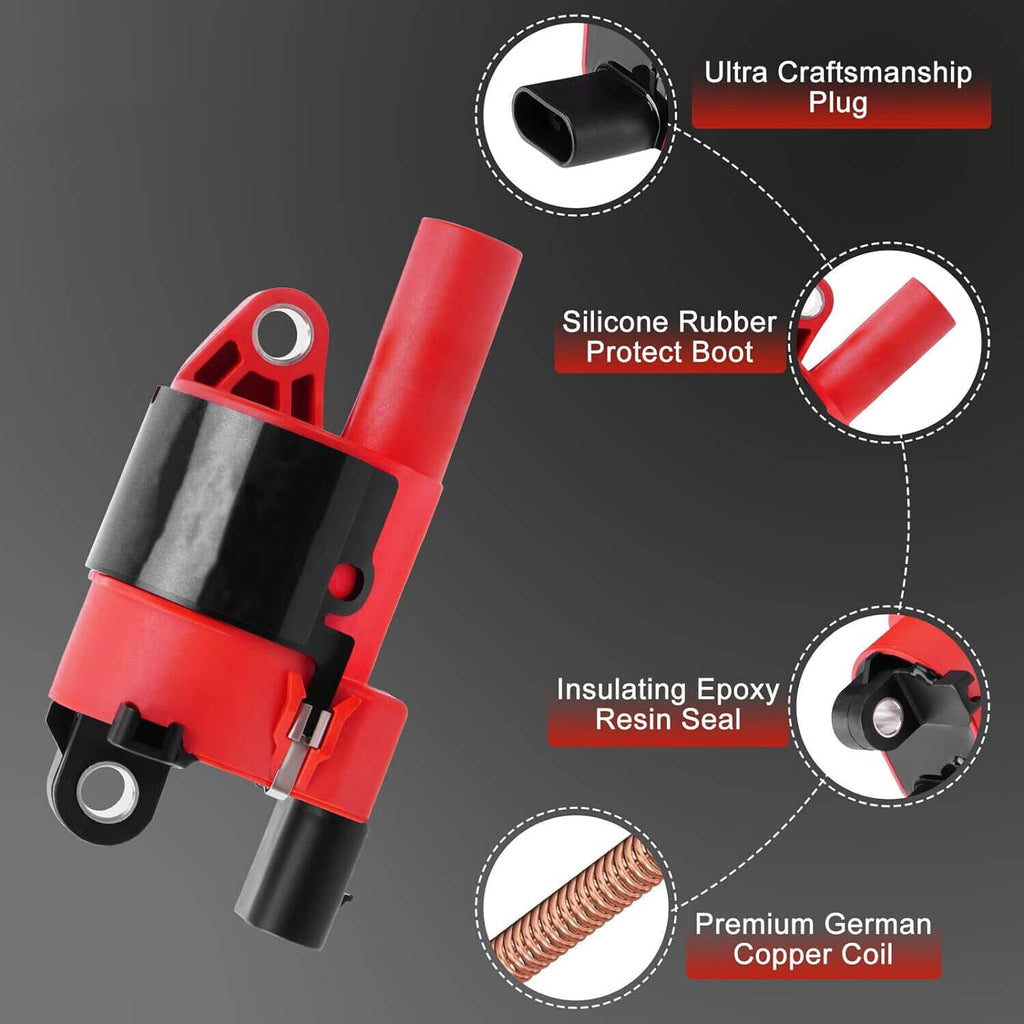 Ignition coil with red housing, silicone rubber boot, and copper coil core