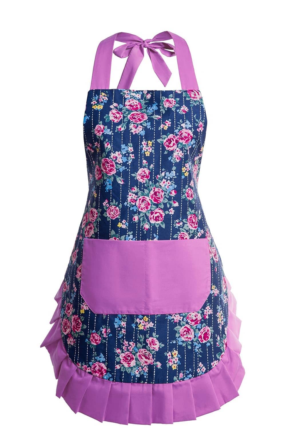 Women's floral apron with purple neck ties, waist pocket, and ruffled hem.
