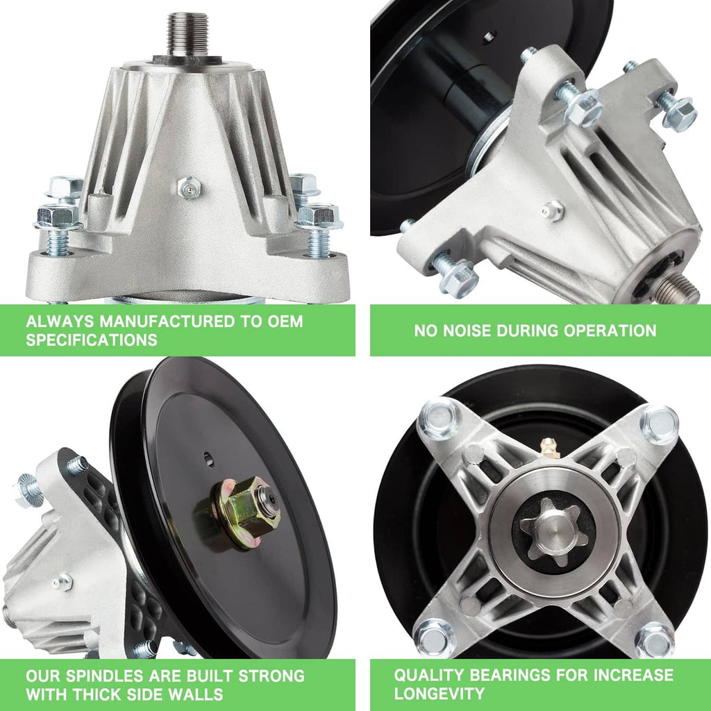 Lawn mower spindle and blade rebuild kit showing spindle assembly and mounting hardware
