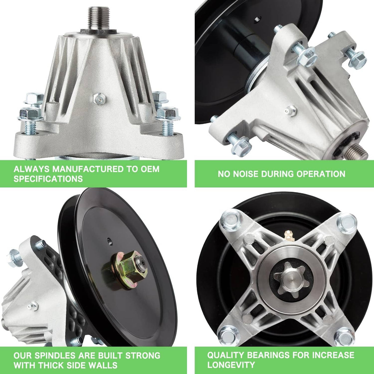 Lawn mower spindle and blade rebuild kit showing spindle assembly and mounting hardware