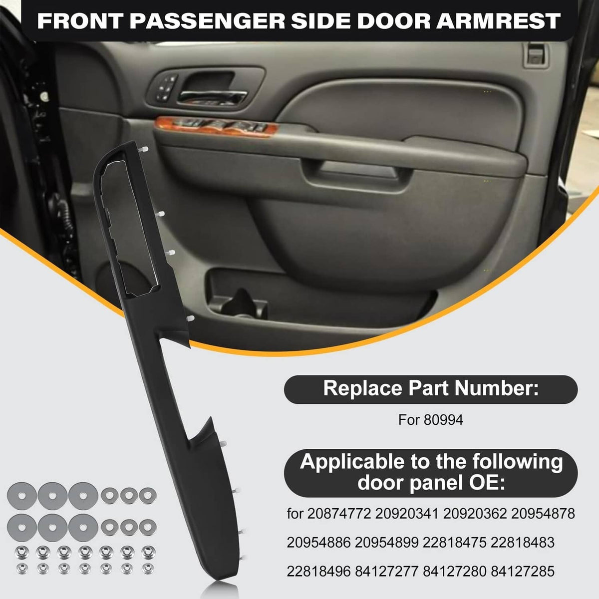 Front passenger door armrest handle replacement trim installed on car door panel