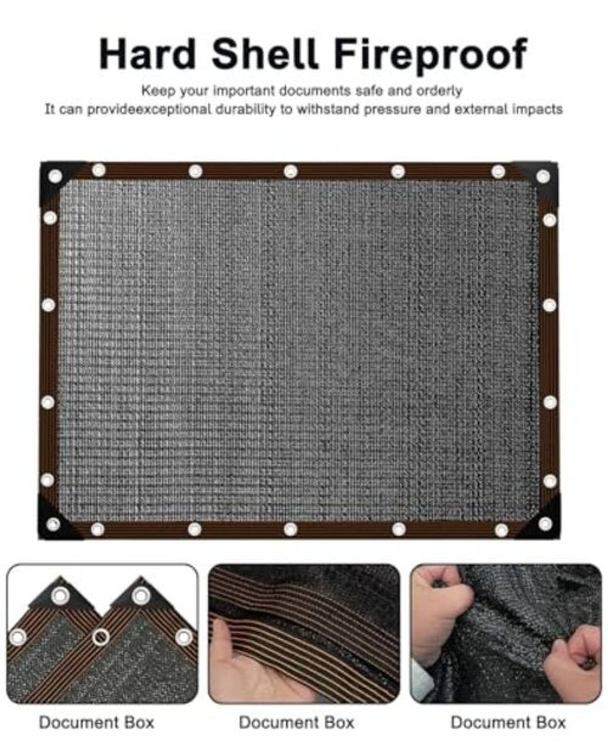 Black shade cloth panel with reinforced stitched border and metal grommets along edges