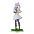 White and blue character figurine holding a bouquet, standing on a green base.