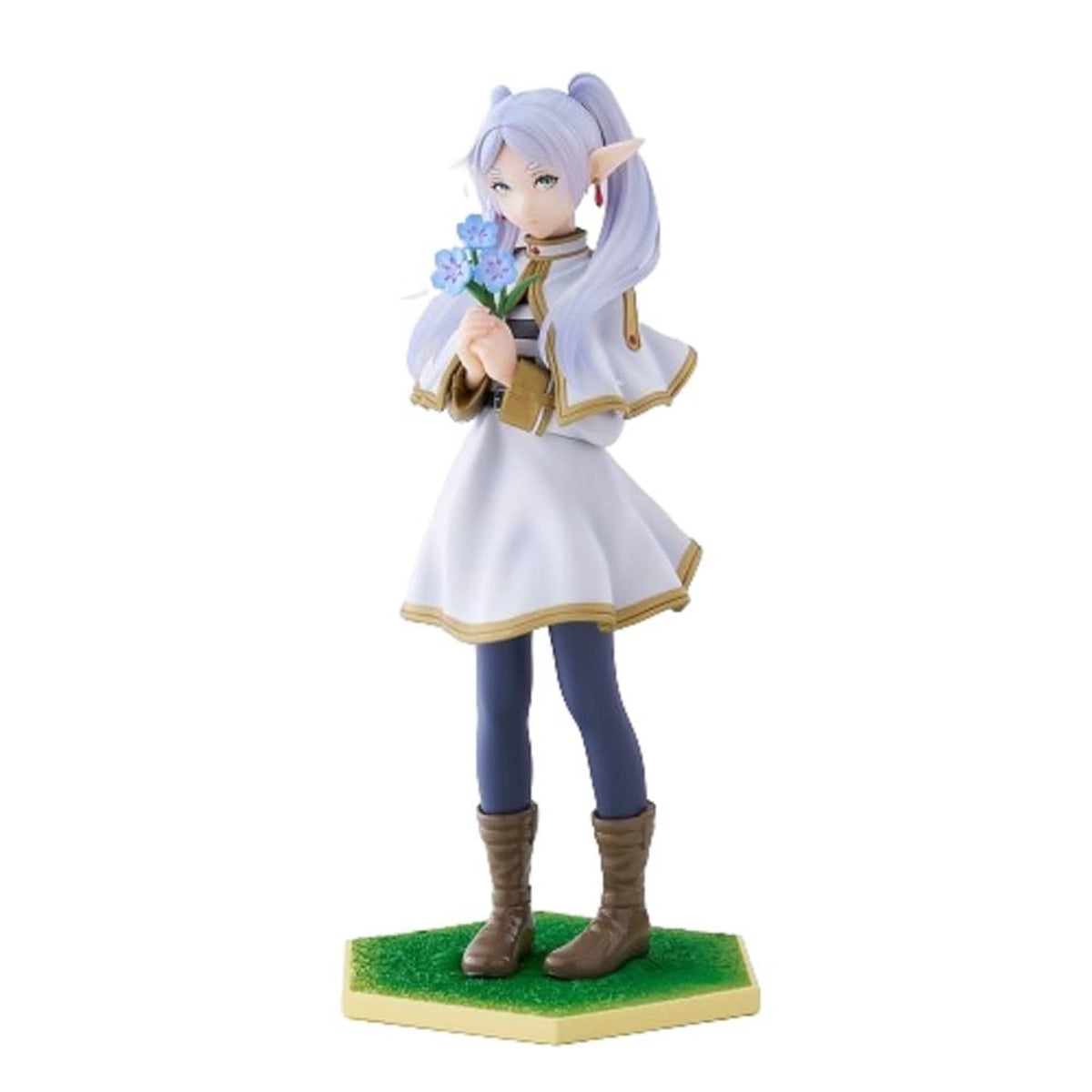 White and blue character figurine holding a bouquet, standing on a green base.