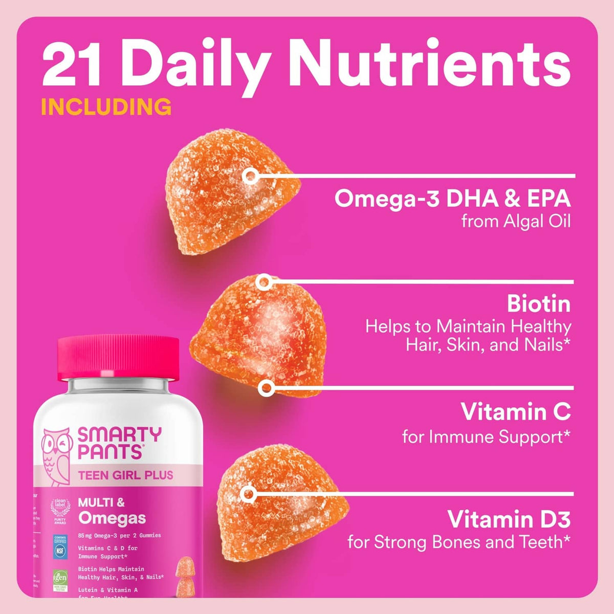 Teen girl gummy supplement bottle beside nutrient benefits graphic with orange heart gummies