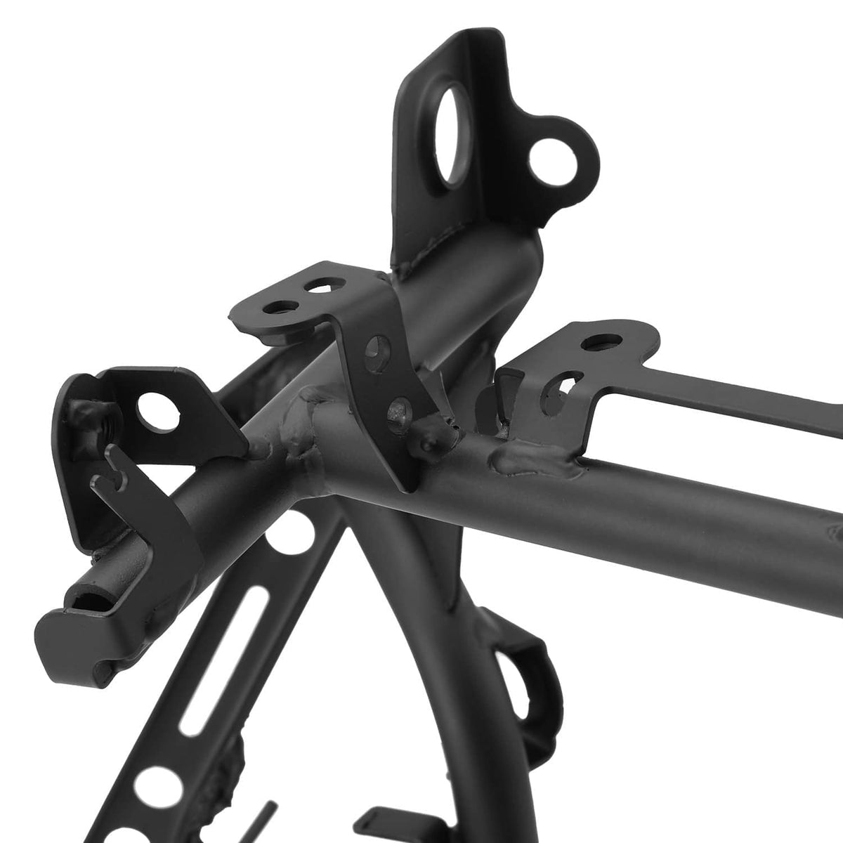 Black metal headlight bracket connector with drilled mounting plate