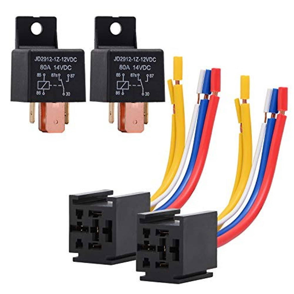 Pair of black 12V 5-pin relays with copper contacts and multi-color wire harness leads