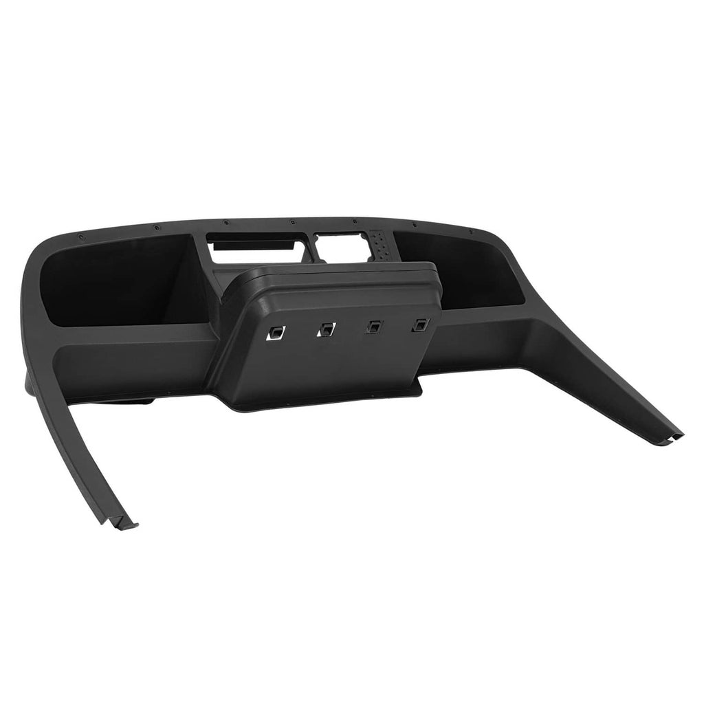 Dark dash panel cover with center control section, side storage bays, and cup holders