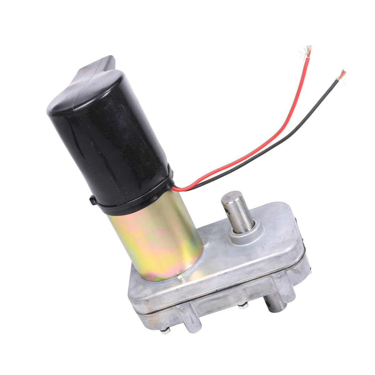 RV slide-out motor with black end cap, metallic body, and red/black cable