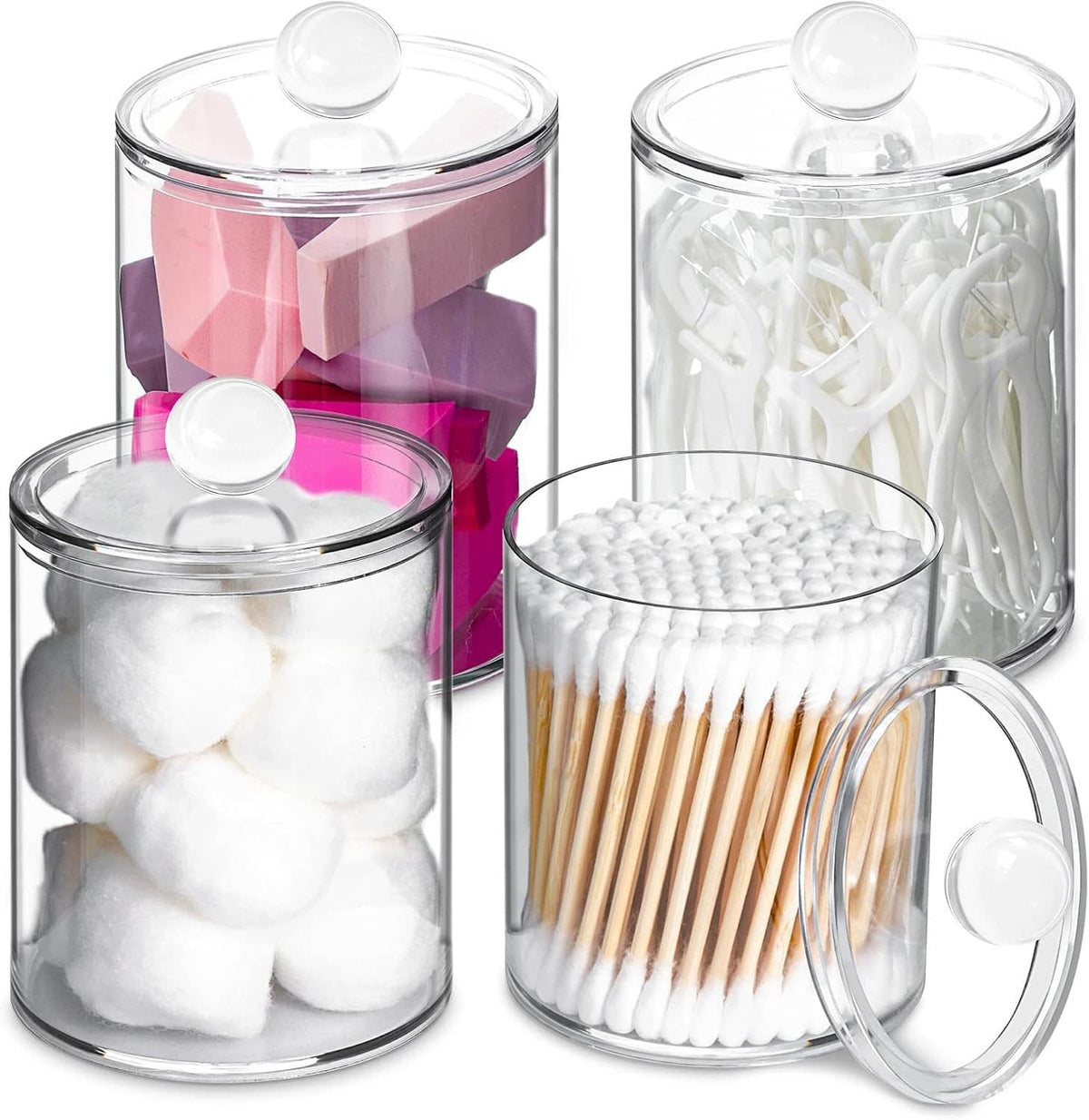 Clear apothecary canisters with lids holding cotton balls and cotton swabs