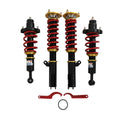 Front and rear coilover struts with red springs, black bodies, and gold top mounts