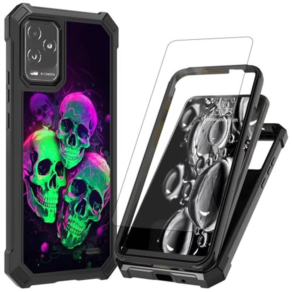 Rugged phone case with screen protector, dark bezel and neon skull front graphic