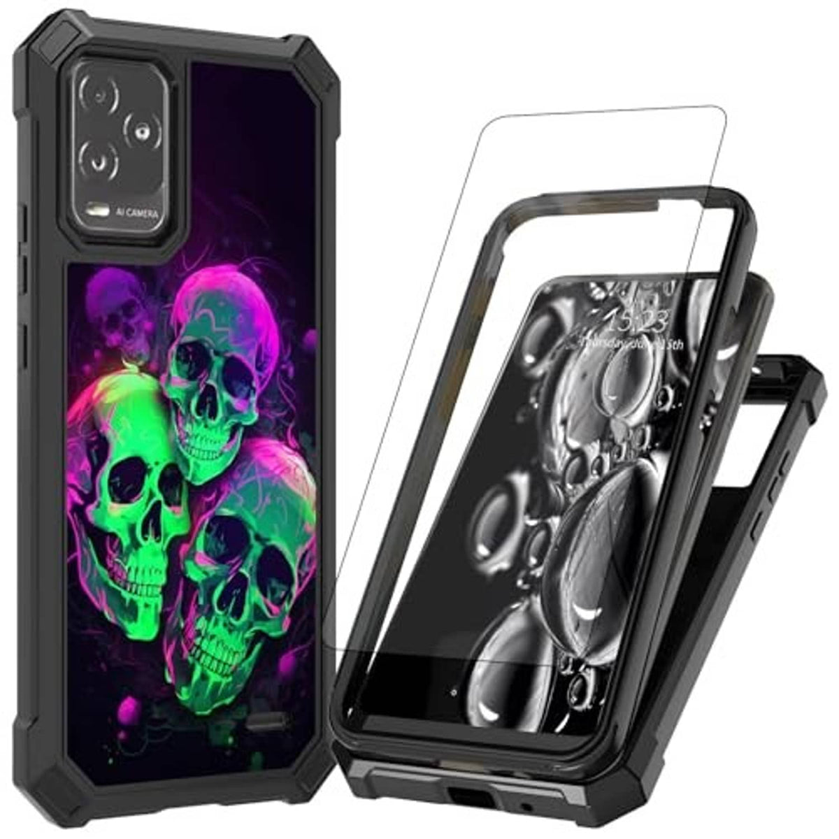 Rugged phone case with screen protector, dark bezel and neon skull front graphic