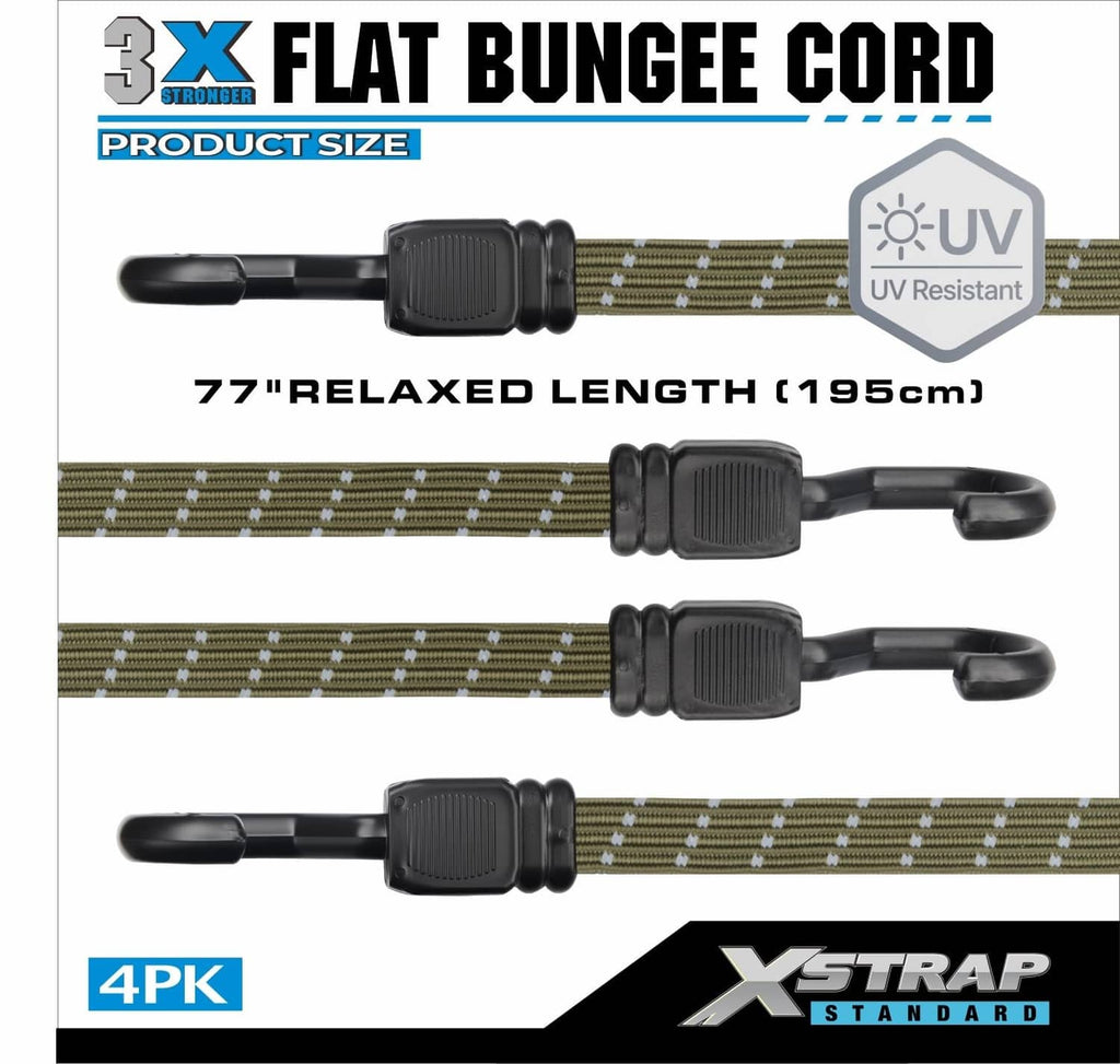 Army green flat bungee cords with black end caps and S-hooks, 77 in relaxed