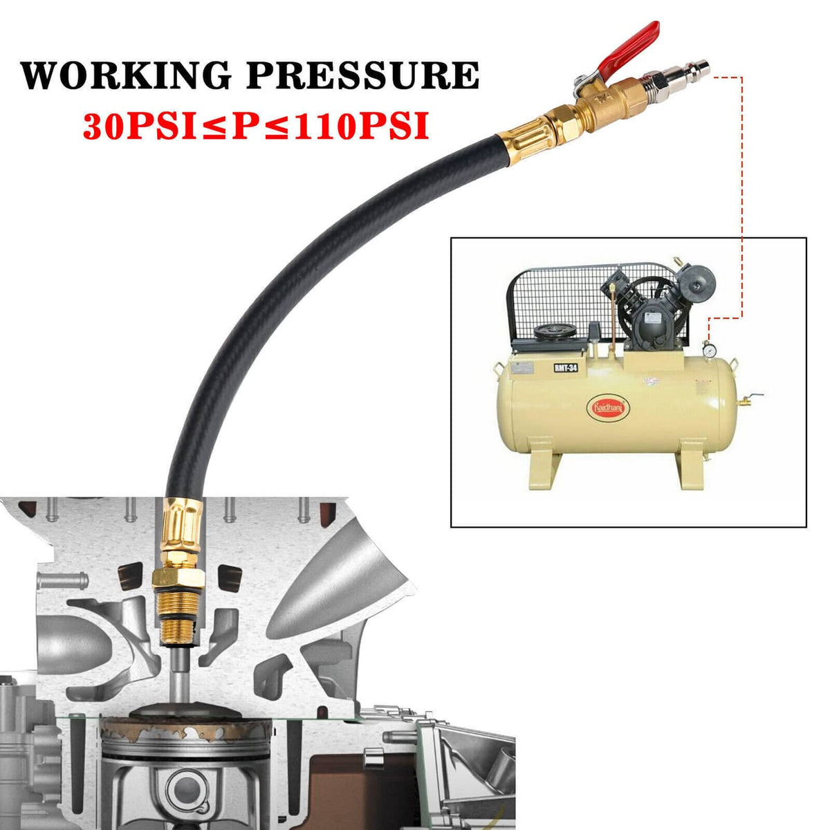 Air compressor hose with brass quick connectors and shut-off valve