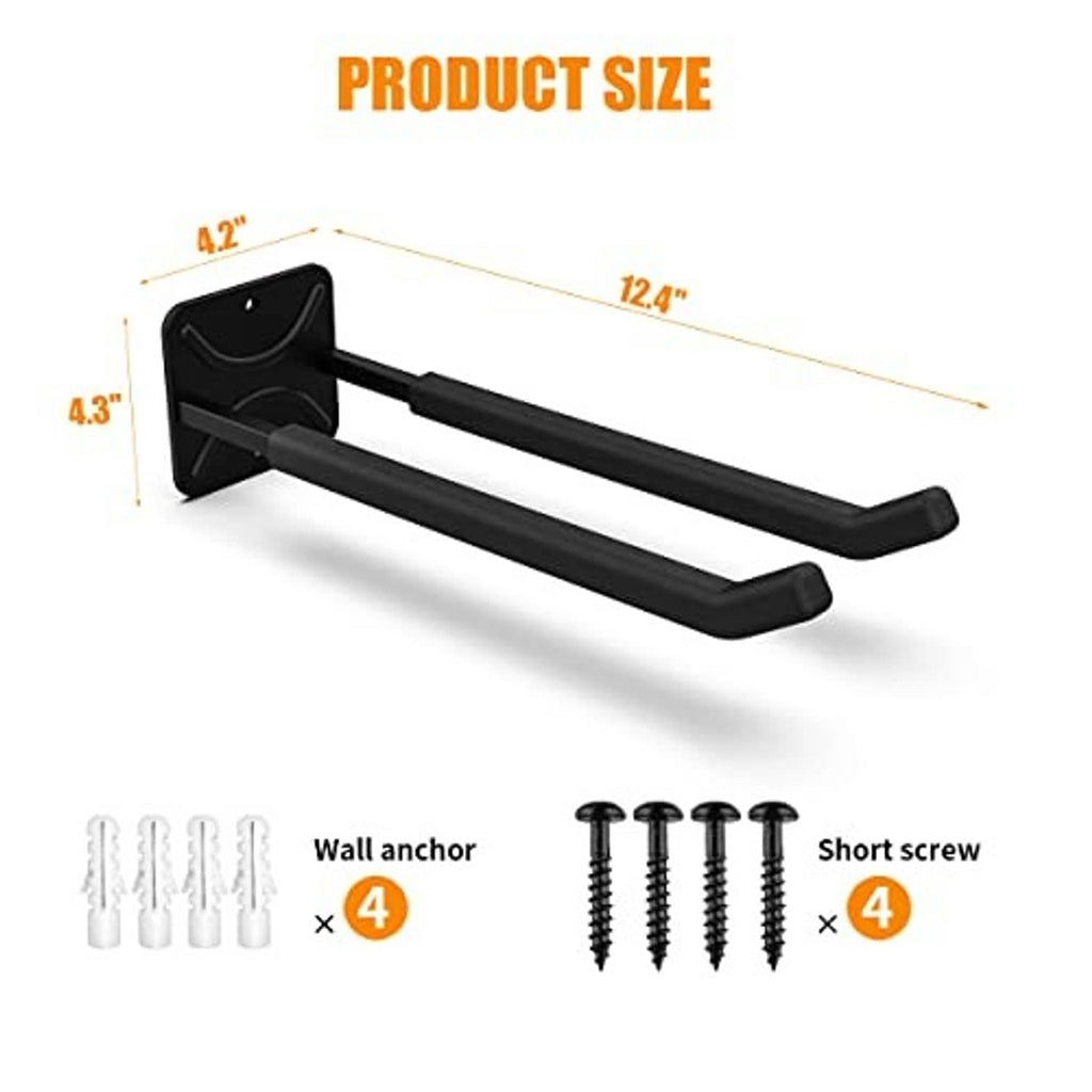Black double hook wall rack with four screws and wall anchors shown for mounting