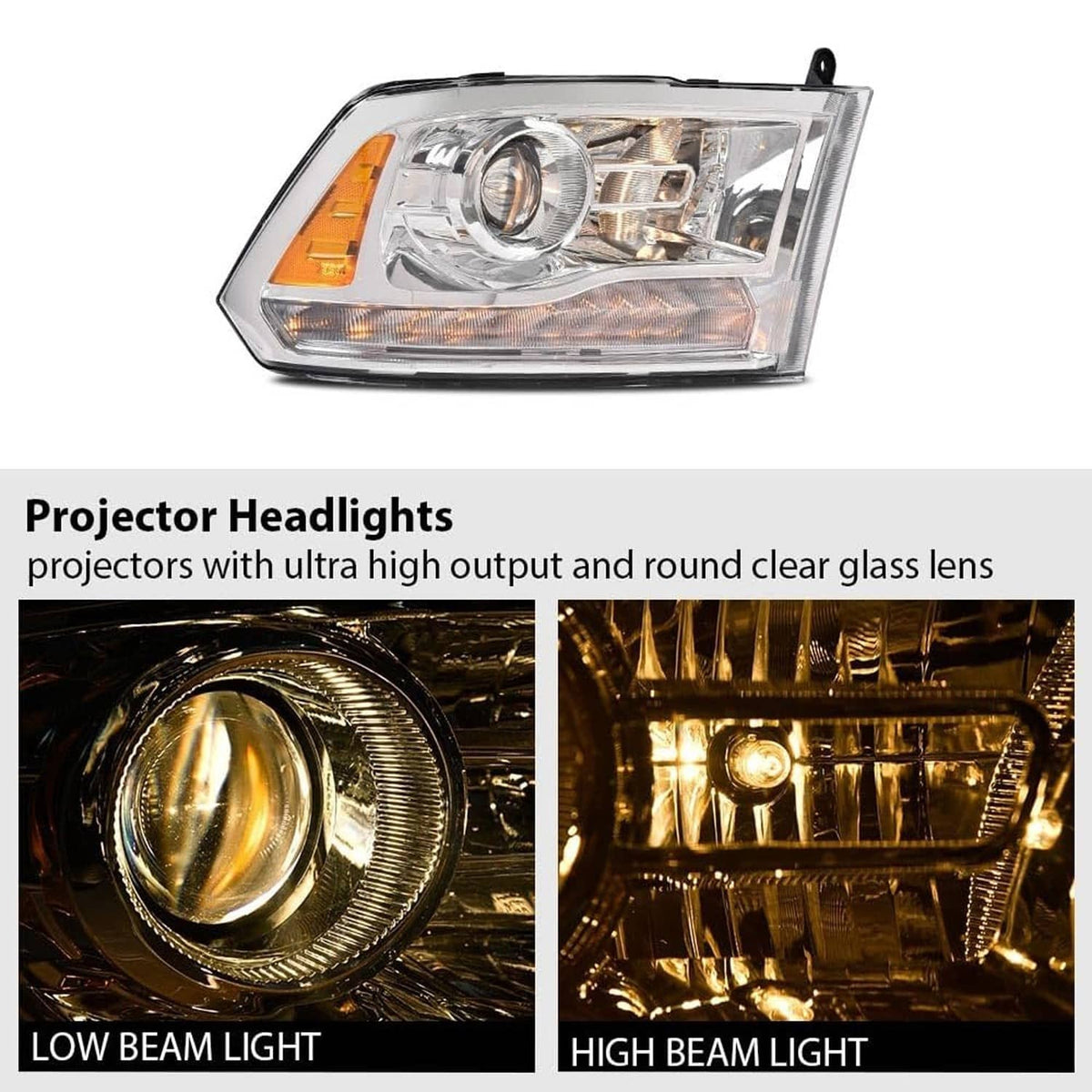 Projector headlight with round projector lens and clear glass lens