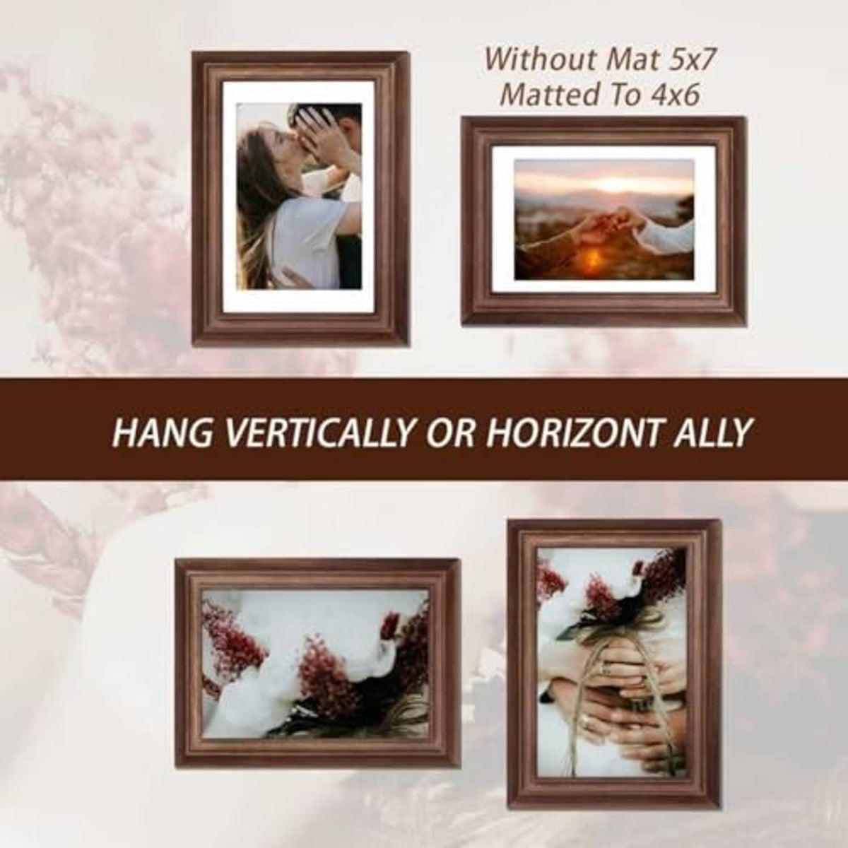 Natural walnut wood picture frame with white mat opening, shown in vertical and horizontal views