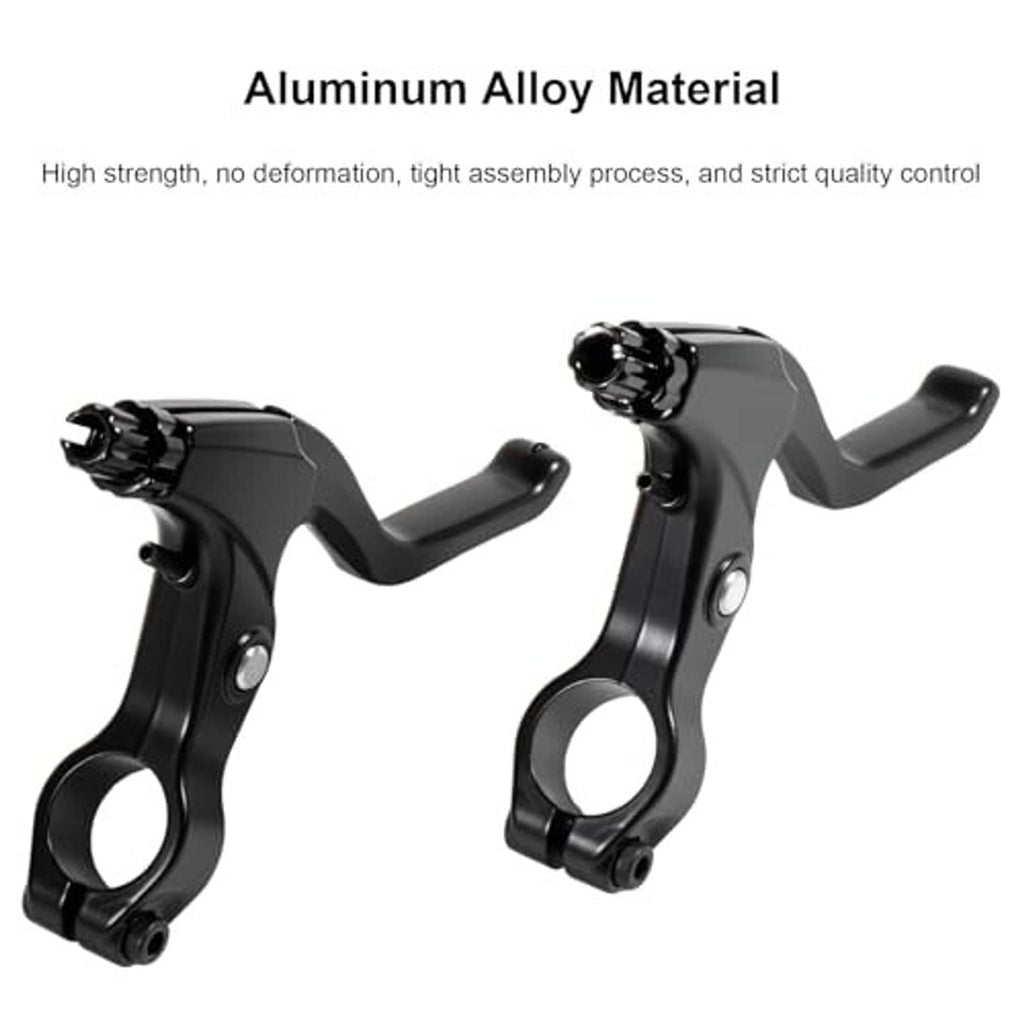 Black aluminum bicycle brake levers with curved extended handles and mounting bolts