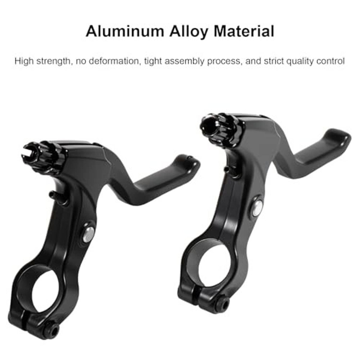 Black aluminum bicycle brake levers with curved extended handles and mounting bolts