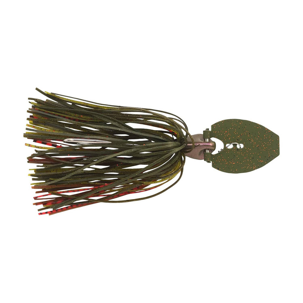 Fishing bladed jig with olive skirt strands, red accents, and black double hook