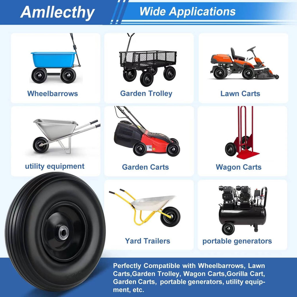 Black 13-inch flat-free wheel tire for wheelbarrows, lawn carts, and utility carts