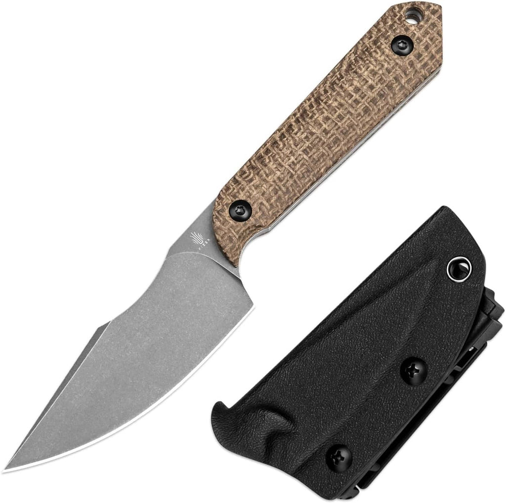 Fixed blade hunting knife with gray blade, tan micarta handle, and black sheath