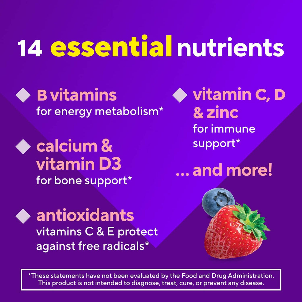 14 essential nutrients multivitamin gummy supplement graphic with berry image