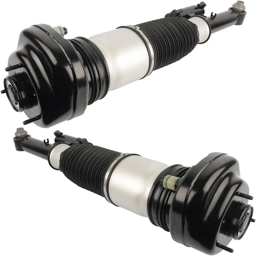 Two air suspension struts with black bellows and silver shock bodies, side view