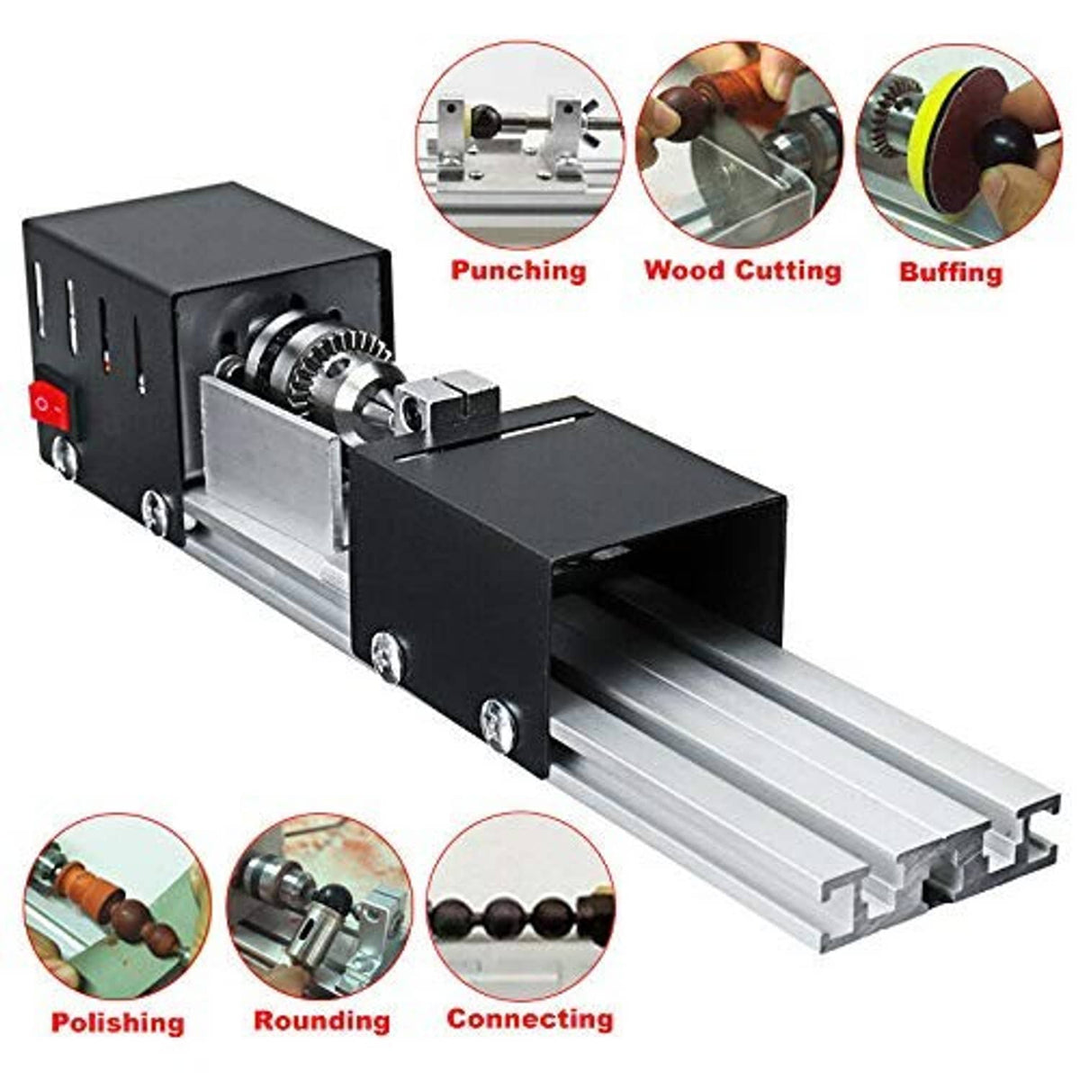 Wood lathe machine with metal bed, black tool blocks, and rotating spindle