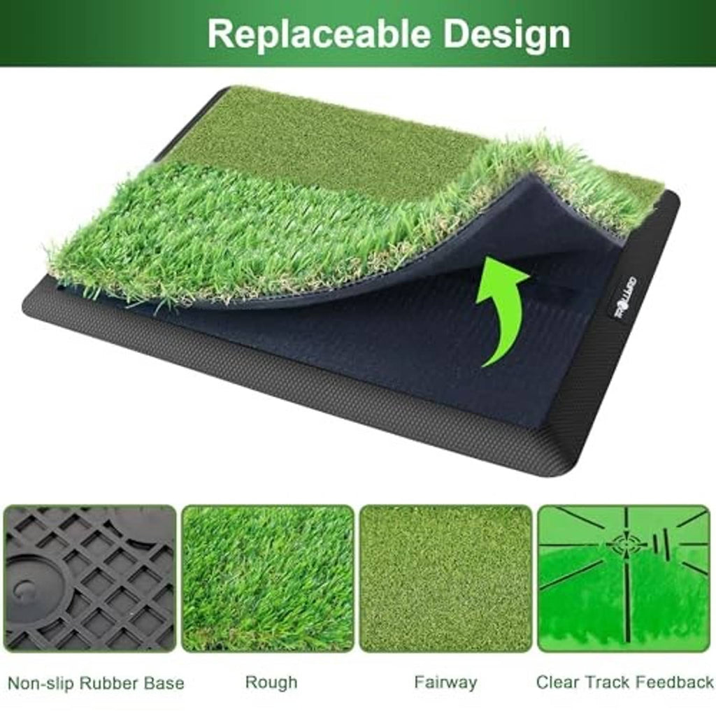 Replaceable golf hitting mat design with green turf top and black non-slip rubber base
