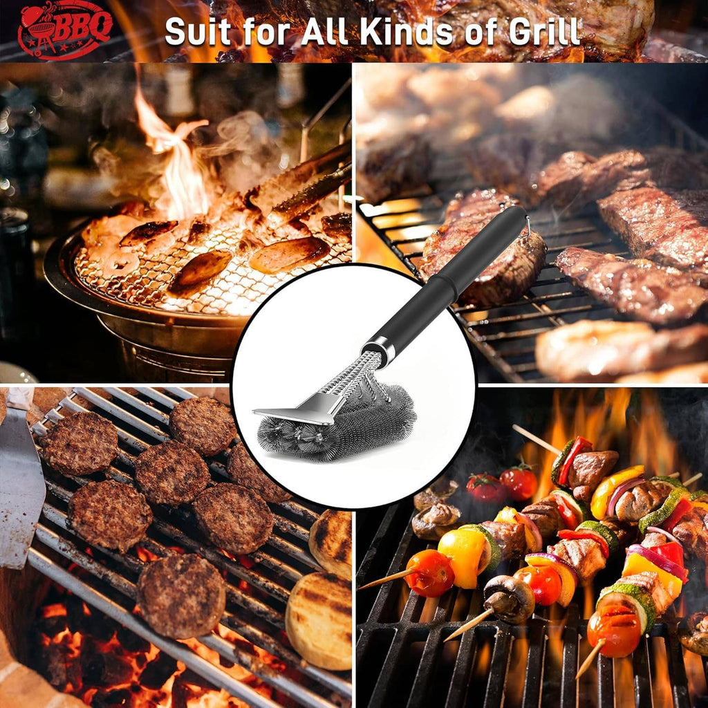BBQ grill brush with wire bristles and scraper head near grilled food