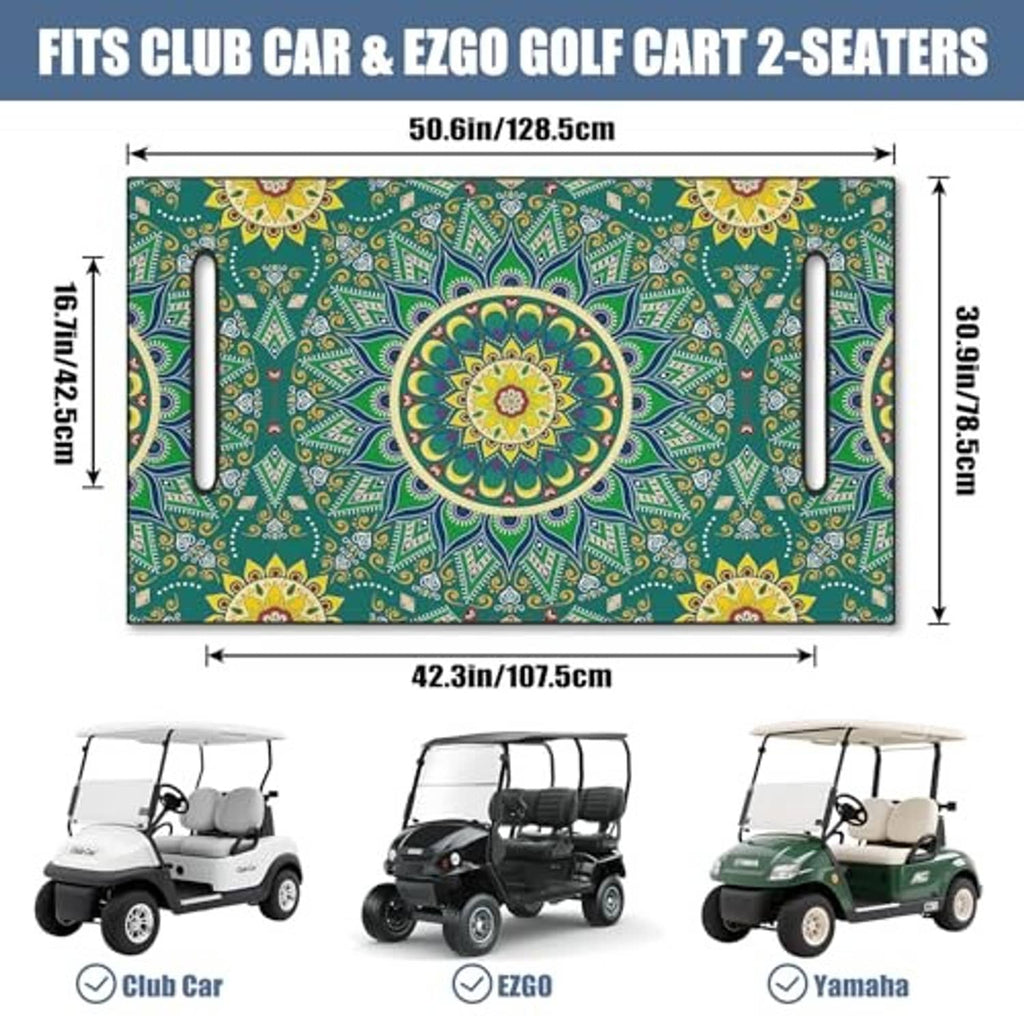 Green rectangular seat cover towel with central mandala print and side hand cutouts